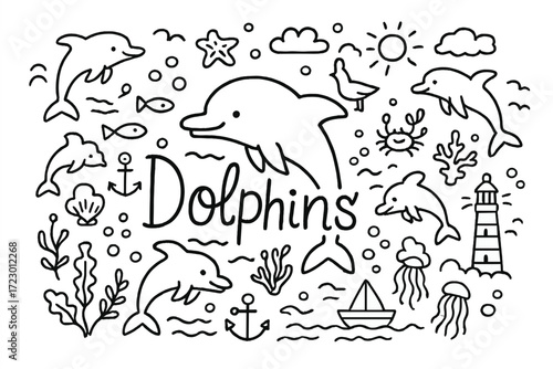 Dolphin Doodle Delight. Dolphins. Hand-drawn doodle illustration of dolphins. In the middle, one slightly