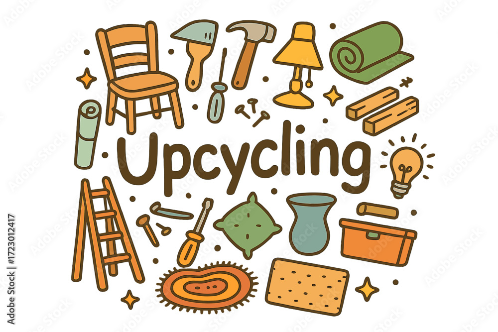 Obraz premium Upcycling Doodle Art. Upcycling. Hand-drawn doodle illustration of Upcycling. Old chair, paintbrush, hammer,