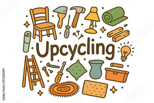 Upcycling Doodle Art. Upcycling. Hand-drawn doodle illustration of Upcycling. Old chair, paintbrush, hammer,