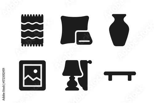 Interior Accents Icons. Interior accents. Filled icon set of Interior accents: rug, throw pillow, blanket,