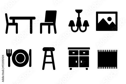 Dining Icon Set. Dining area. Filled icon set of Dining area: dining table, dining chair, chandelier, wall art