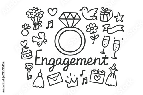 Engagement Doodle Art. Engagement. Hand-drawn doodle illustration of engagement. In the middle, one slightly