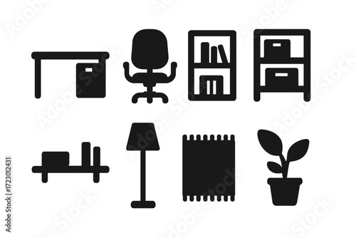 Office Icons Collection. Office space. Filled icon set of Office space: desk, office chair, bookshelf, filing