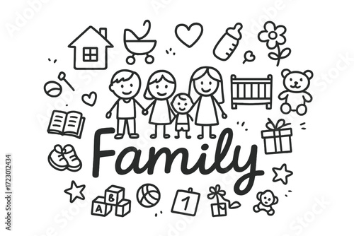 Doodle Family Icons. Family. Hand-drawn doodle illustration of family. In the middle, one slightly larger