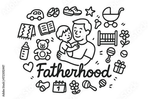 Fatherhood Doodle Artwork. Fatherhood. Hand-drawn doodle illustration of fatherhood. In the middle, one