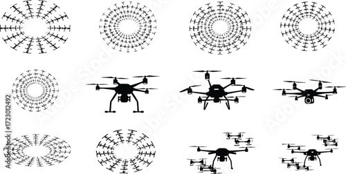 Drone silhouettes in radial formations, futuristic aerial technology, quadcopter design, unmanned aircraft illustration, drone mandala pattern, aviation concept art