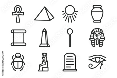 Ancient Artifact Icons. Ancient Sacred Artifacts. Line outline icon set of Ancient Sacred Artifacts: ankh,