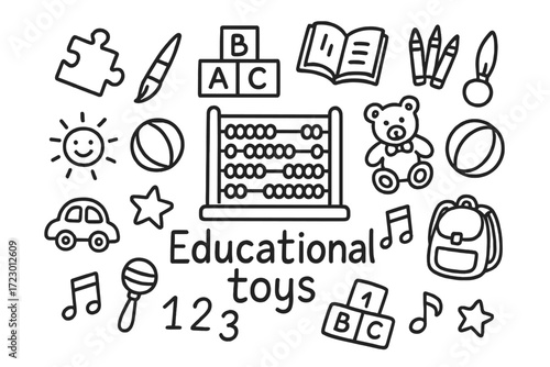 Educational Toys Doodle. Educational toys. Hand-drawn doodle illustration of educational toys. In the middle,