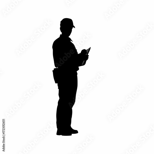 Silhouette of parole officer signing release papers on white background