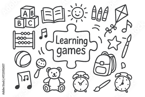 Learning Games Doodles. Learning games. Hand-drawn doodle illustration of learning games. In the middle, one