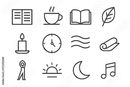 Mindfulness Icon Set. Mindfulness Habits. Line outline icon set of Mindfulness Habits: journal, tea cup, open