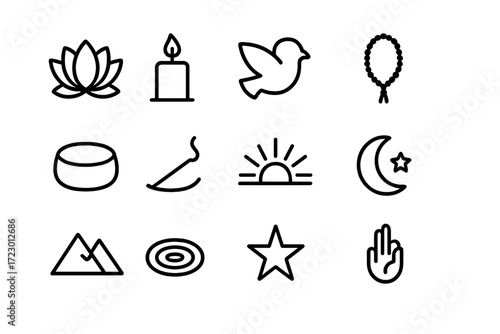 Sacred Serenity Icons. Sacred Serenity. Line outline icon set of Sacred Serenity: lotus, candle, dove, prayer