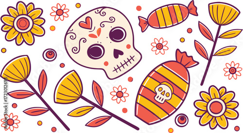 Colorful Day of the Dead Sugar Skull with Flowers and Candy