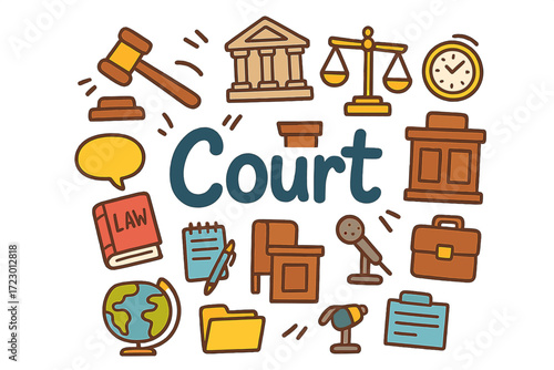 Courtroom Doodle Icons. Court. Hand-drawn doodle illustration of Court. Gavel, courthouse, scales of justice,