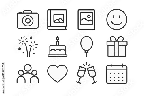 Memorable Moments Icons. Memorable Moments. Line outline icon set of Memorable Moments: camera, photo album,