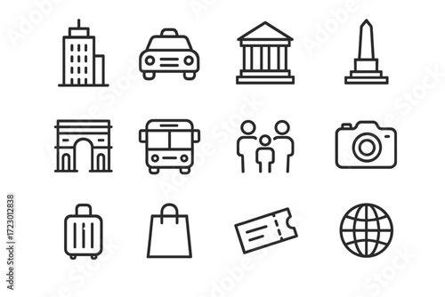 City Holiday Icons. City Holiday Photos. Line outline icon set of City Holiday Photos: skyscraper, taxi,