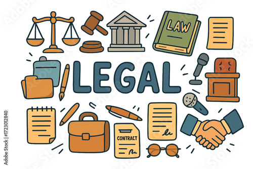 Legal Doodle Universe. Legal. Hand-drawn doodle illustration of Legal. Scales of justice, gavel, courthouse,