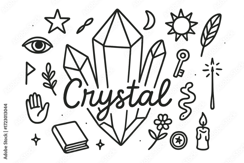 Fototapeta premium Doodle Crystal Composition. Crystal. Hand-drawn doodle illustration of a crystal. In the middle, one slightly