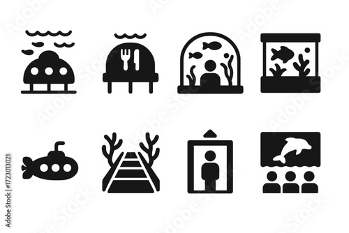 Marine Attraction Icons. Tourist attractions. Filled icon set of Tourist attractions: underwater hotel,