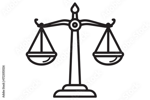 Black and white line drawing of a justice scale, isolated on Transparent Background