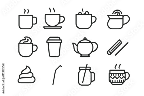 Fall Beverage Icons. Fall Drinks. Line outline icon set of Fall Drinks: coffee mug, tea cup, hot cocoa with