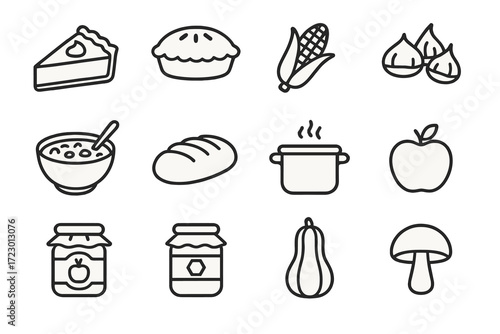 Autumn Food Icons. Autumn Foods. Line outline icon set of Autumn Foods: pumpkin pie slice, apple pie, corn,