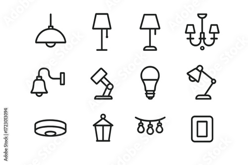 Lighting Icon Set. Lighting Design. Line outline icon set of Lighting Design: pendant lamp, floor lamp, table