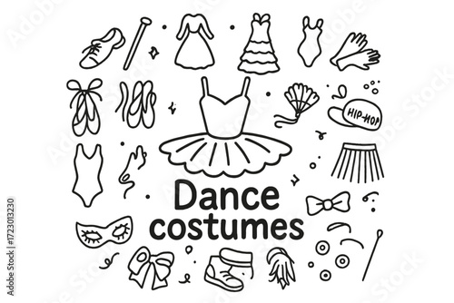 Dance Costume Doodles. Dance costumes. Hand-drawn doodle illustration of Dance costumes. In the middle, one