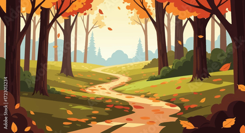 Winding path through an autumn forest with fallen leaves.