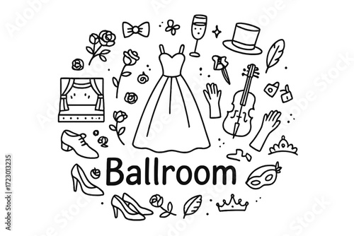 Ballroom Elegance Doodle. Ballroom. Hand-drawn doodle illustration of Ballroom. In the middle, one slightly