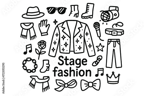 Stage Fashion Doodles. Stage fashion. Hand-drawn doodle illustration of Stage fashion. In the middle, one