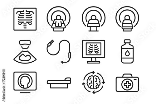 Medical Imaging Icons. Medical Imaging. Line outline icon set of Medical Imaging: X-ray, MRI, CT scan, PET