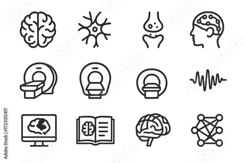 Brain Mapping Icons. Brain Mapping and Neuroimaging. Line outline icon set of Brain Mapping and Neuroimaging: