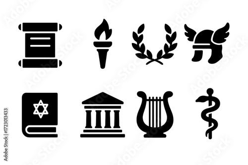 Mythology Icon Set. Mythology. Filled icon set of mythology: scroll, torch, laurel wreath, winged helmet,