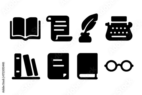Literary Icons Set. Literary works. Filled icon set of literary works: open book, scroll, ink quill,