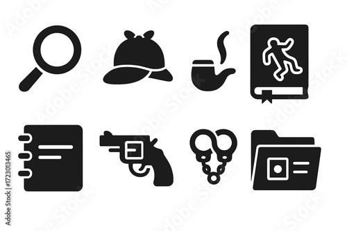 Detective Icons Set. Detective fiction. Filled icon set of detective fiction: magnifying glass, detective hat,