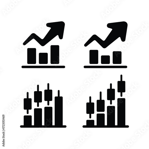 Four black icons representing financial stock market growth and trading candlestick charts