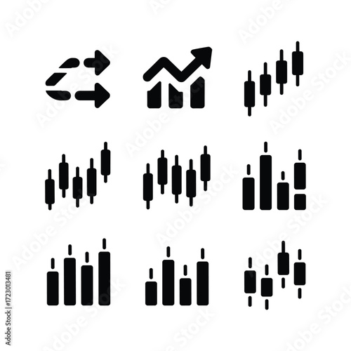 Set of nine hand-drawn financial chart icons representing trading candlestick patterns and arrows for analysis