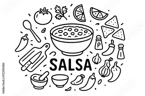 Salsa Ingredients Doodle. Salsa. Hand-drawn doodle illustration of Salsa. In the middle, one slightly larger