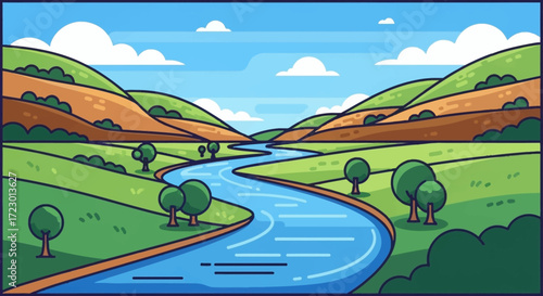 Winding river flowing through a vibrant green valley landscape.