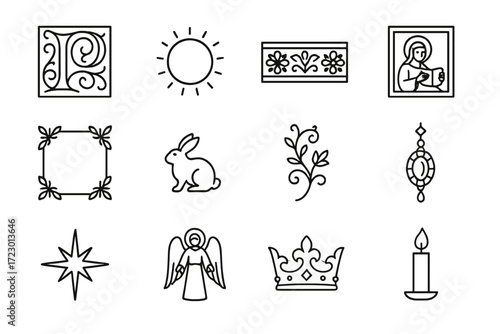 Medieval Icon Set. Illumination Details. Line outline icon set of Illumination Details: decorative initial,