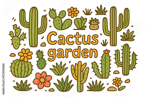Cactus Garden Doodle. Cactus garden. Hand-drawn doodle illustration of cactus garden. Saguaro cactus, prickly