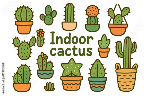 Indoor Cactus Doodles. Indoor cactus. Hand-drawn doodle illustration of indoor cactus. Cactus in clay pot,