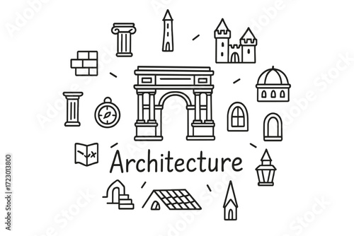 Doodle Architecture Icons. Architecture. Hand-drawn doodle illustration of Architecture. In the middle, one