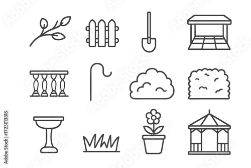 Garden Icon Collection. Garden Setup. Line outline icon set of Garden Setup: tree branch, wooden fence, garden