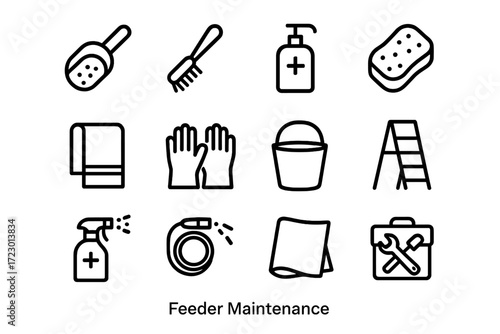 Feeder Maintenance Icons. Feeder Maintenance. Line outline icon set of Feeder Maintenance: seed scoop, brush,