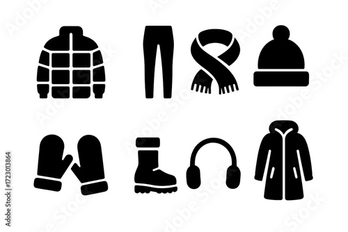 Winter Fashion Icons. Winter fashion. Filled icon set of winter fashion: puffer jacket, thermal leggings,