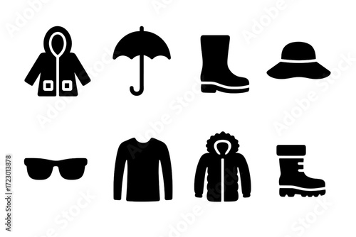Weather Fashion Icons. Fashion for different weather conditions. Filled icon set of fashion for different