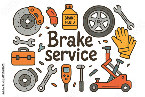 Brake Service Doodle. Brake service. Hand-drawn doodle illustration of brake service. Brake disc, brake pads,