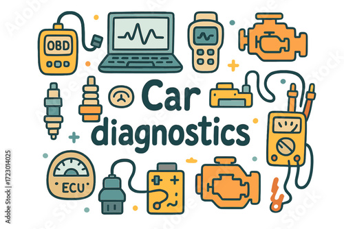 Car Diagnostics Doodle. Car diagnostics. Hand-drawn doodle illustration of car diagnostics. OBD scanner,